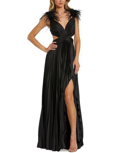 Mac Duggal Pleated Feather Cap Sleeve Open Back Gown Women's