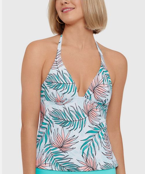 Salt + Cove Women's Removable Cups Tie Calm Palm Halter Tankini, Multi, Sz XS