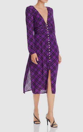 $295 Rahi Women's Purple Trista Puff-Sleeve V-Neck Plaid Ruched Midi Dress M