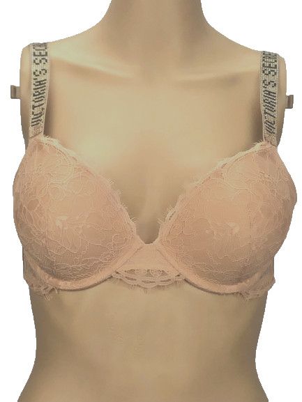 VICTORIA'S SECRET VERY SEXY FLORAL LACE SHINE STRAP PUSH UP BRA 32D PRALINE NWT