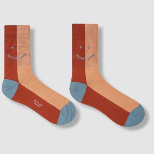 $30 Paul Smith Men's Orange Blue Ribbed Cotton Logo Italy 1-Pair Socks One Size