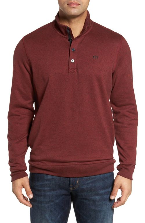 Travis Mathew Wall Mock Neck Fleece Henley Pullover, Ox Blood / Black Small $124