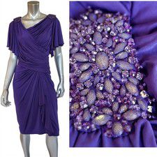 TADASHI SHOJI DRESS DRAPED RUCHING SHORT SLEEVE BEADS CRYSTAL SHOULDER L LARGE