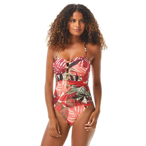 CARMEN MARC VALVO Printed Ruched Bandeau One-Piece Swimsuit Merlot Size 8 $142